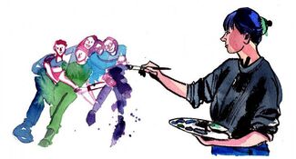 An illustration of an artist painting a group of people